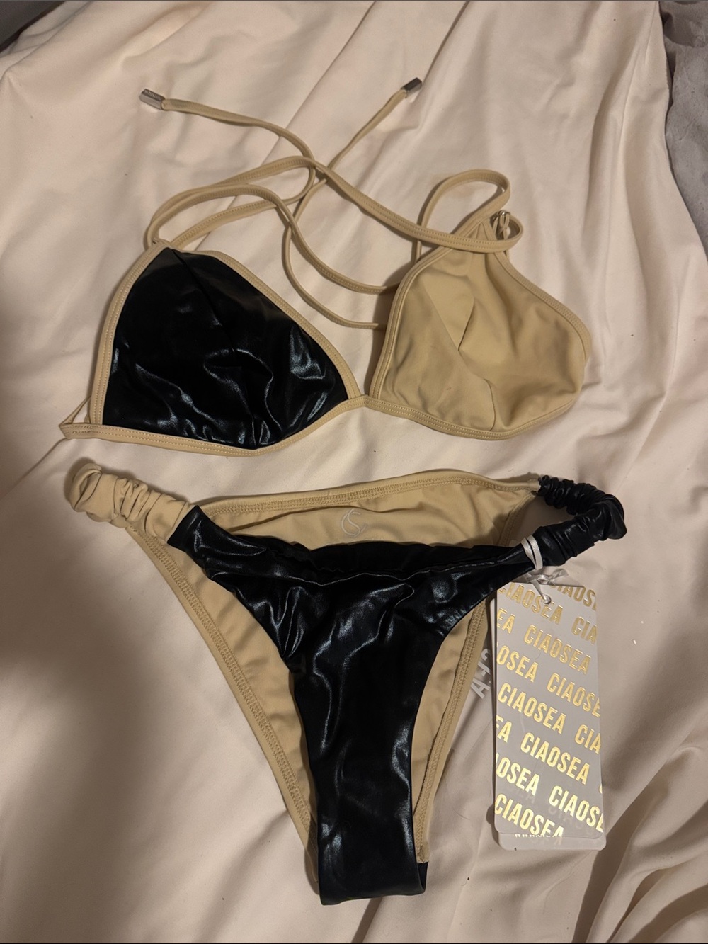 Beige and Black Bikini Set - Women's Two-Piece Swimwear